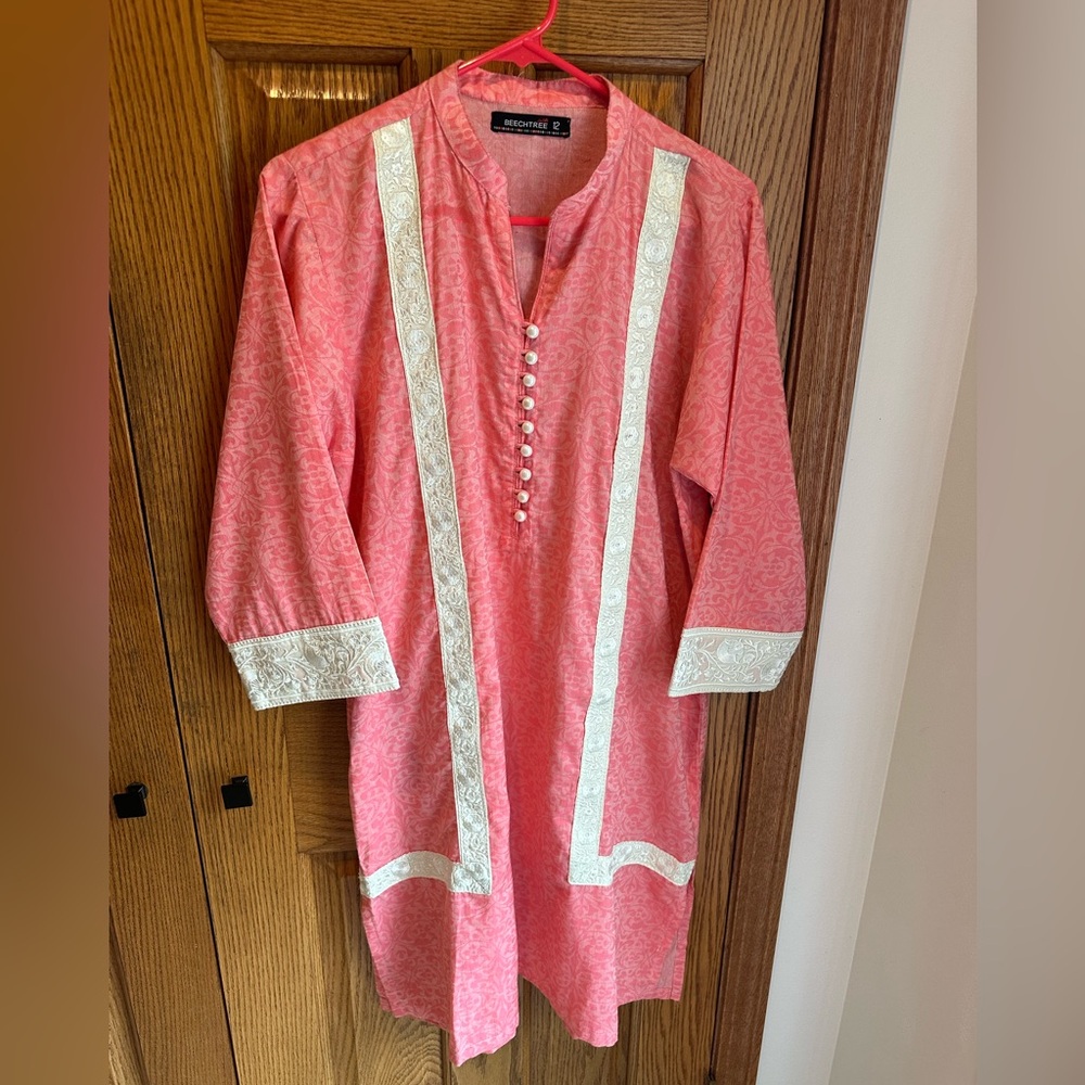 Beechtree Embroidered Shirt Kurta Size 12 Pink White Pearl Buttons